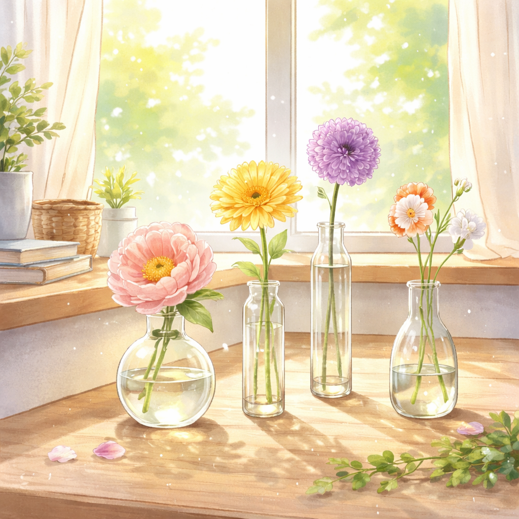 一輪挿しで季節の花を飾ることは、日常に簡単に彩りを加える最高の方法なんですよ！